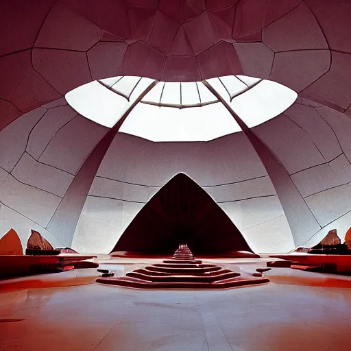 Image similar to interior of a futuristic lotus temple with gold, red and white marble panels, in the desert, by buckminster fuller and syd mead, intricate contemporary architecture, photo journalism, photography, cinematic, national geographic photoshoot