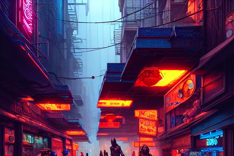 Prompt: a highly detailed bazaar street in the cyberpunk city of new washington, amazing cyberpunk digital painting, by gerald brom, brom digital art, intricate details, ultra realistic, beautiful art, volumetric lighting, ultra realistic, by art germ, warm colors advance cool colors recede, by brom, trending cgsociety, artstation, rim lighting, 8 k