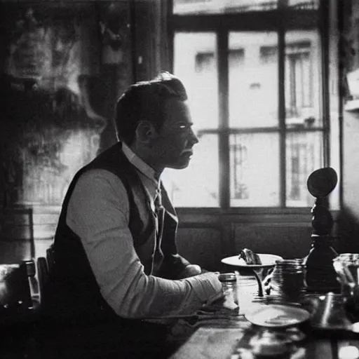 Image similar to ewan mcgregor is sitting at table in a cafe at paris in early 2 0 th century. next to him is a brown cat licking milk from little saucer, atmospheric feeling, warm colours, brown colours, yellow colours, epic scene, cinematic, very detailed