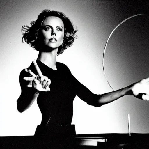 Image similar to charlize theron waving her arms over a theremin. behind her is a jacob's ladder spark generator with big electric arcs. german expressionism, dramatic and moody