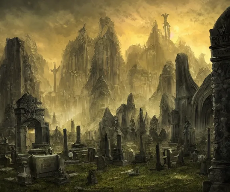 Image similar to a city of tombs and tombstones, graveyard landscape, giant grave structures, giant tomb structures, dark fantasy, digital art, fantasy art