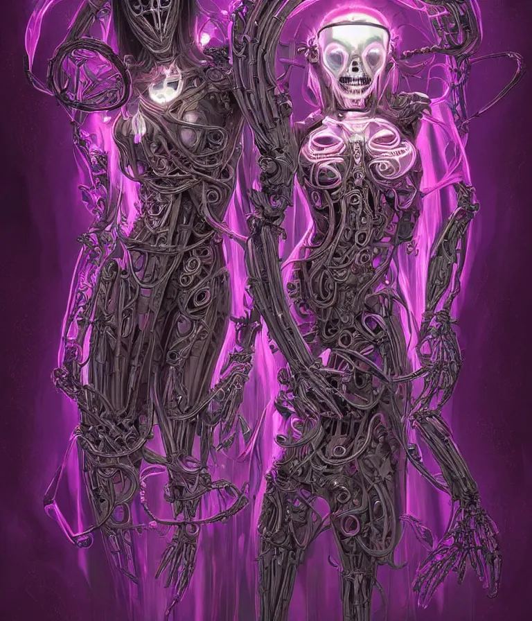 Image similar to fully symmetrical centered iridescent portrait of a beautiful princess demon in robe. skulls artificial muscles, ribcage, bones, hard surface modelling. cyberpunk look. biomechanical mask. bio luminescent biomechanical halo around head. neon jellyfish. artwork by jarold Sng by artgerm, by Eddie Mendoza, by Peter mohrbacher by emil melmoth, by zdzislaw beksinski, unreal engine, octane render, cinematic light, high details, iridescent colors, dichroic, macro, depth of field, blur