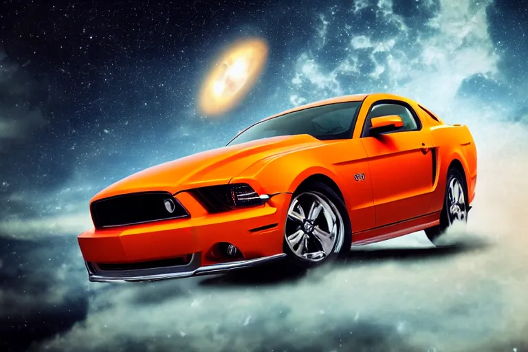 Image similar to a photo hyperrealistic spaceship flying in universe made out of bright orange Ford Mustang