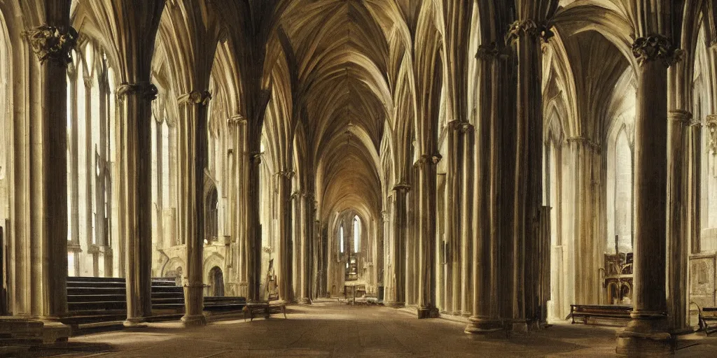 Image similar to a painting of the interior of Kirkwall cathedral, orkney islands, tall columns, bright white morning light casts shadows, architectural, by Pieter Saenredam