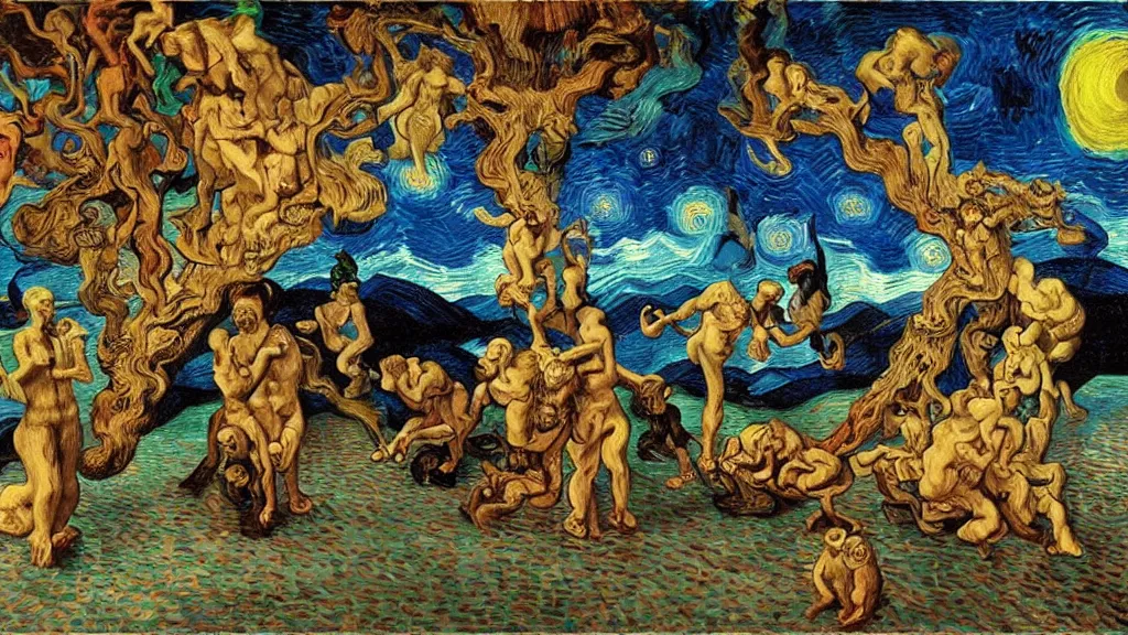 Image similar to psychoautistic scene of a divine moment, 4K, Rococo & Precisionism, colorized, by collaboration of Salvador Dali, Van Gogh and M. C. Escher