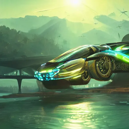 Image similar to solarpunk hovercar, clean energy, green technology, highway, sunny day, futurism, intricate, engines, glow, highly detailed, drone wings, peaceful, utopia, bright, digital painting, artstation, concept art, smooth, sharp focus, epic landscape, art by akihiko yoshida and tim mcburnie and anato finnstark