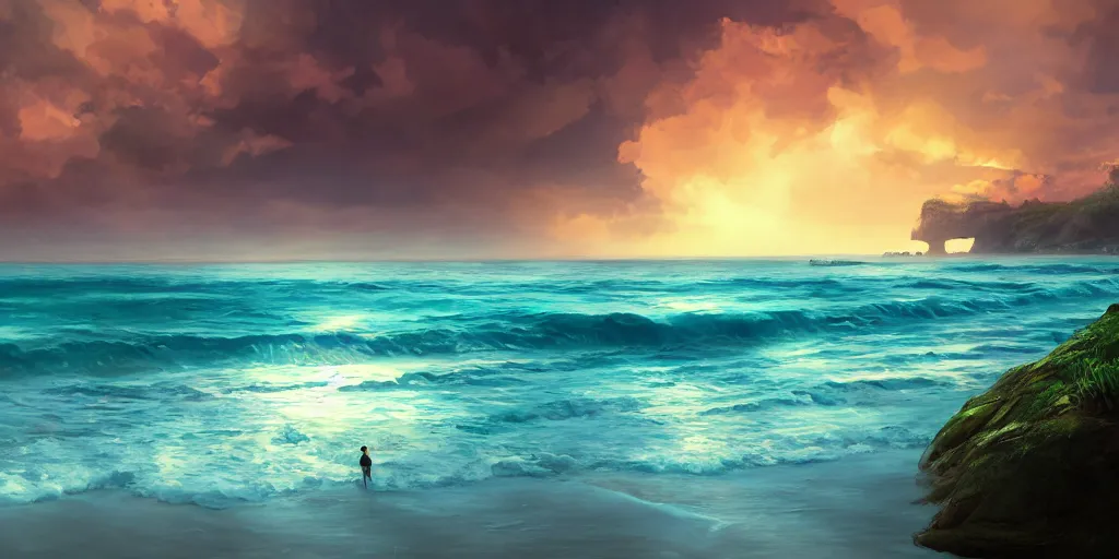 Prompt: a beach, cinematic angle, studio Ghibli, volumetric lighting, bold, beautiful composition, intricate, elegant, digital art, detailed, oil painting, hyperrealistic, sharp focus, 8k