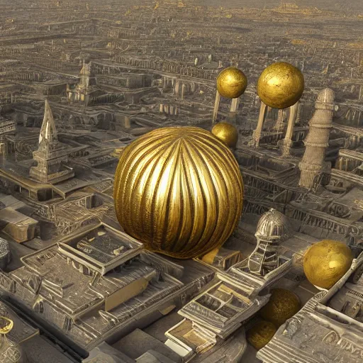 Image similar to hyper detailed hardsurface modelled 3 d geometry, houdini destruction of aminimalist design temple, tarnished gold sphere is far far in the distance, deep perspective, wide angle, insanely detailed and intricate,, eal, gold, silver red, paradise hospital environment,