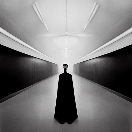 Image similar to a misty empty futuristic white minimal liminal space dark mood black and white photography shot by floria sigismondi