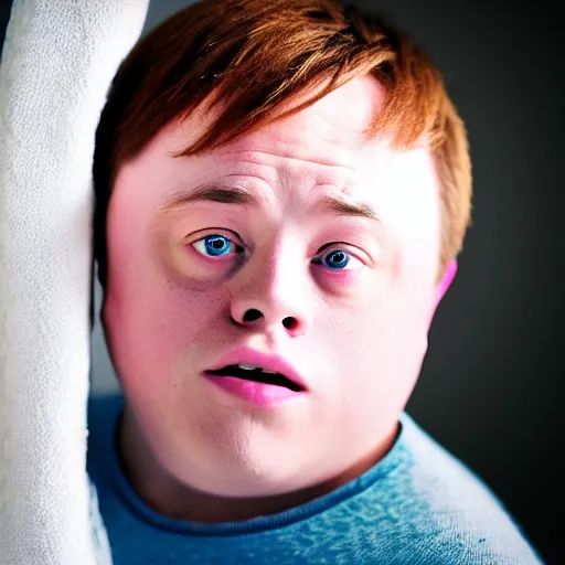 Image similar to 4 k editorial photograph of down syndrome midget alex jones, sharp focus, soft lighting, edge lighting, studio portrait, 1 3 mm film color grading