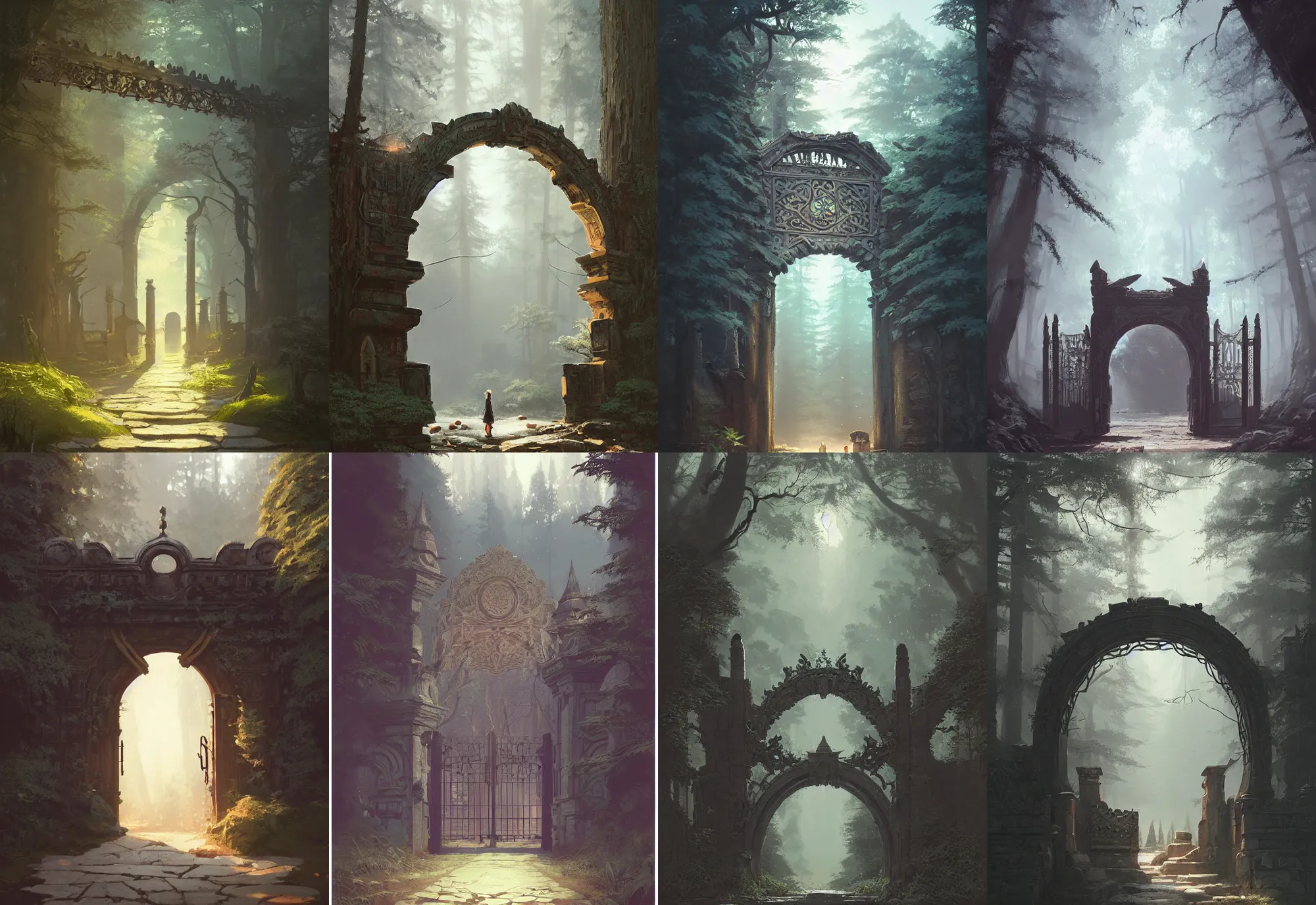 Prompt: a beautiful detailed matte painting of ancient ornamental gate in the middle of forest by atey ghailan, by greg rutkowski, by ghibli, hyper realistic, dynamic lighting, concept art, vibrant, detailed, grunge aesthetic, clean, sharp, trending on artstation