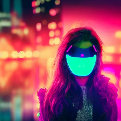 Image similar to girl with neon mask in a retrowave cityscape, 4 k, fhd, - w 9 6 0