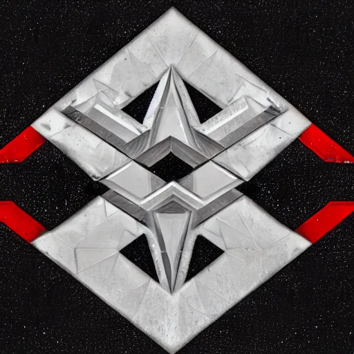 Image similar to a dark desaturated photograph of a military insignia with three interlocking diamonds, red central geometric shape, glossy black liquid latex, asphalt and metal, intricate black metal logo, designed by helmut lang and junya watanabe, asymmetrical cinematic composition, 8k hyperrealistic, hyper-detailed, 10mm camera, highly textured, dark volumetric lighting, fine details, muted, octane render — h 768