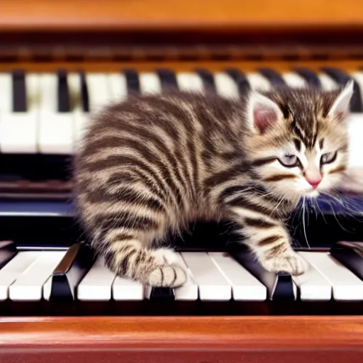 Prompt: an adorable kitten sleeping on a piano