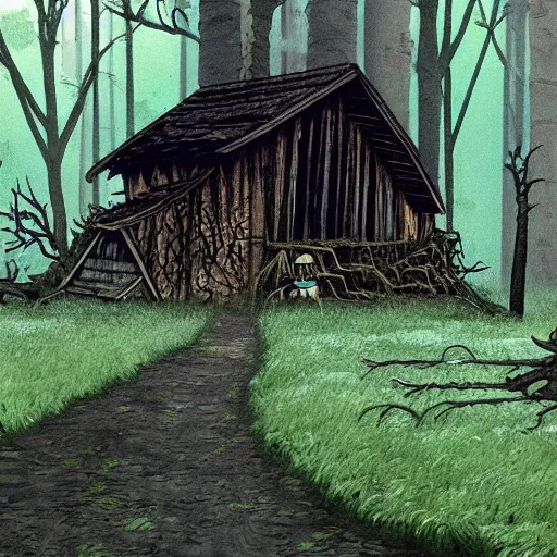 Prompt: deep into the witchwood forest swamp, studio ghibli, crows, decay, hut,