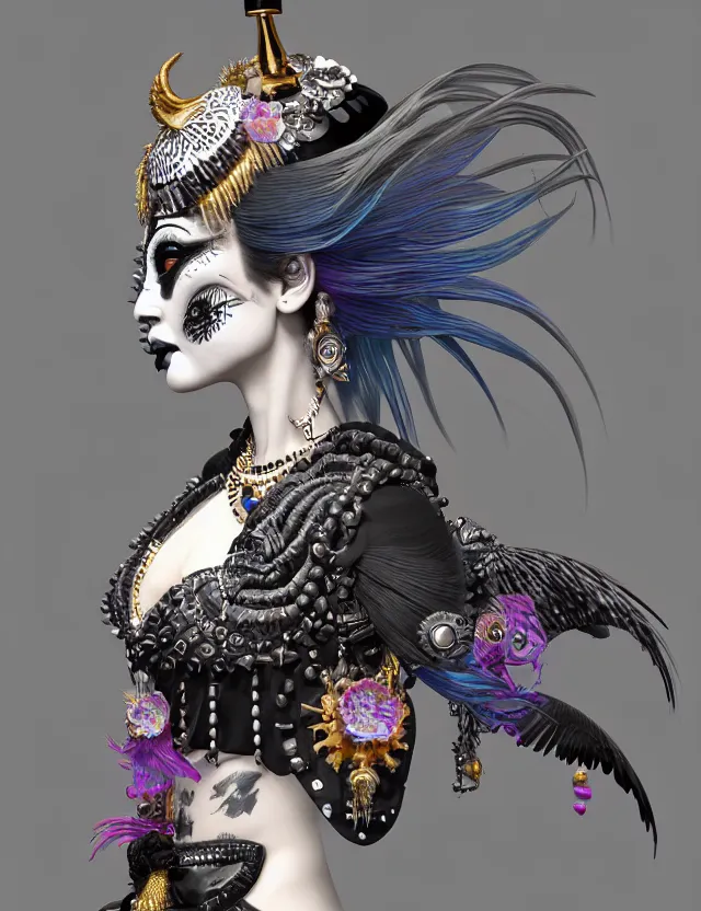 Image similar to 3 d goddess close - up profile portrait punk with mohawk in victorian style with ram skull. beautiful intricately detailed japanese crow kitsune mask and clasical japanese kimono. betta fish, jellyfish phoenix, bio luminescent, plasma, ice, water, wind, creature, artwork by tooth wu and wlop and beeple and greg rutkowski