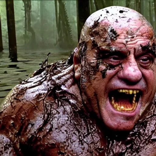 Image similar to cinematic still of danny devito, covered in mud and watching a predator in a swamp in 1 9 8 7 movie predator, hd, 4 k