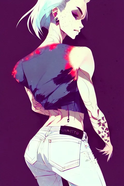 Image similar to a ultradetailed beautiful back painting of a stylish woman with white hair in a short pony tail, she is wearing jeans, by conrad roset, greg rutkowski and makoto shinkai trending on artstation