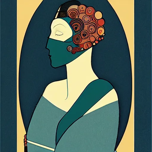 Prompt: Art in the style of Coles Phillips, Gaia, Mother Earth, side portrait, mask inside mask