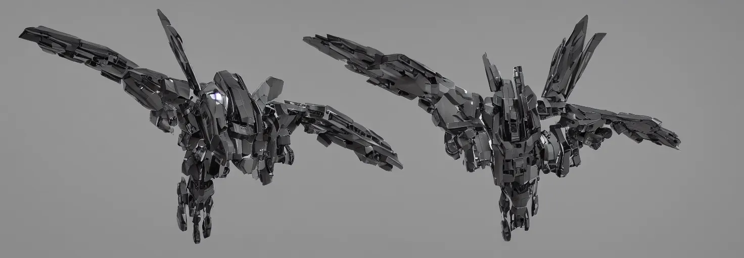 Image similar to symmetry!! a mechanized eagle with it's wings spread, gunmetal grey, top down view!! mecha, jet fighter, space shuttle, robotic, highly detailed, artstation, super realistic, unreal engine