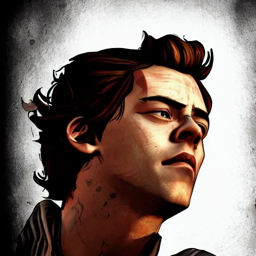 Image similar to harry styles portrait, borderlands, tales from the borderlands, the wolf among us, comic, cinematic lighting, studio quality, 8 k