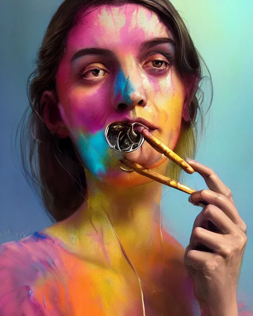 Prompt: portrait of a brunette in tie - dye, smoking a vintage tobacco pipe | highly detailed | very intricate | symmetrical | professional model | cinematic lighting | award - winning | painted by mandy jurgens and jesper elsing and rhads and tyler edlin | pan futurism, dystopian, bold colors, cyberpunk, anime aesthestic | featured on artstation