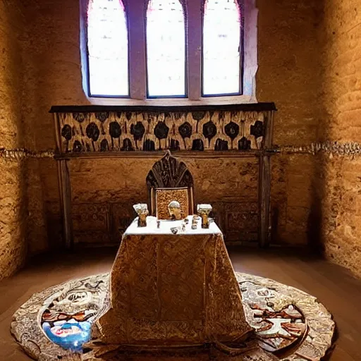 Image similar to a medieval throne room with a table and crystals as seats