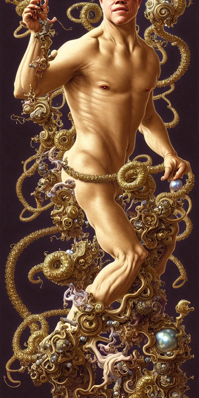 Image similar to handsome matt damon baroque rococo fantasy character portrait, ultra realistic, intricate details, the fifth element artifacts, highly detailed by peter mohrbacher, hajime sorayama, wayne barlowe, boris vallejo, aaron horkey, gaston bussiere, craig mullins alphonse mucha, rococo curves swirls and spirals, flowers pearls beads crystals jewelry goldchains scattered