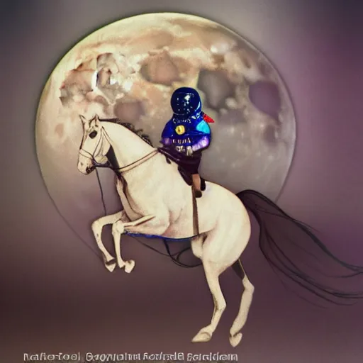 Image similar to the moon riding an astronaut on a horse