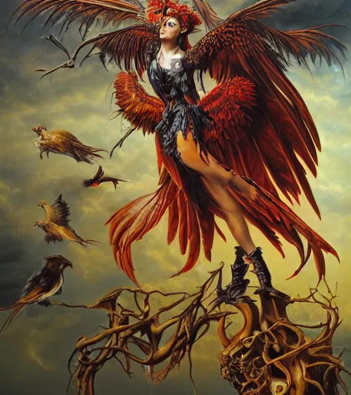 Image similar to an anatomical oil painting of a Harpy from a medical journal by Nychos and Julie Bell, highly detailed, high detail, 8k, storm clouds, birds, dramatic lighting