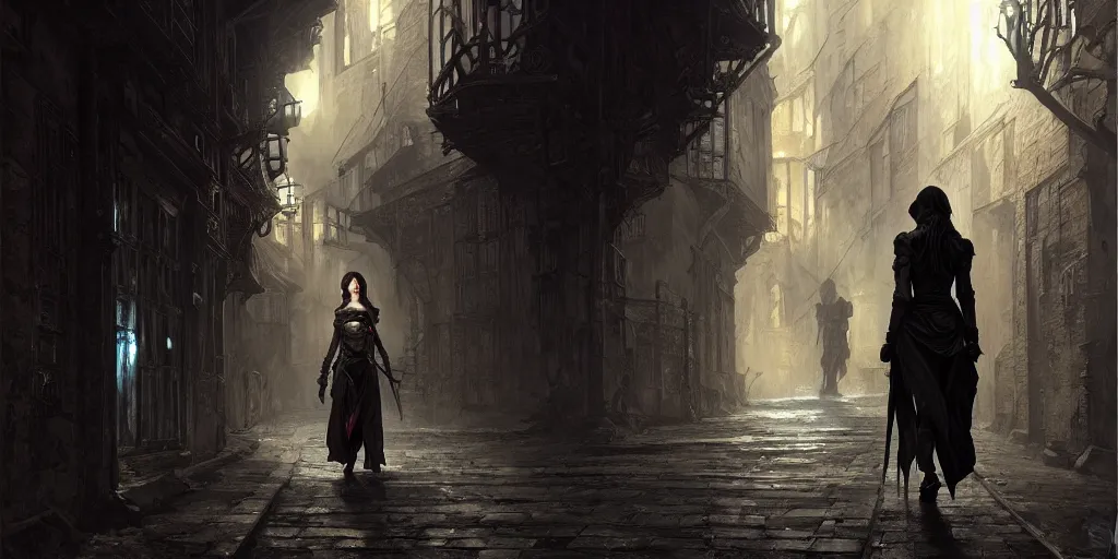 Prompt: a lone assassin walking in a dark gothic alley, night colors, high - key lighting, beautiful composition, intricate, gradient from black to silver, pro photography by, highly detailed, digital painting, art by artgerm and greg rutkowski and alphonse mucha, smooth, sharp focus illustration