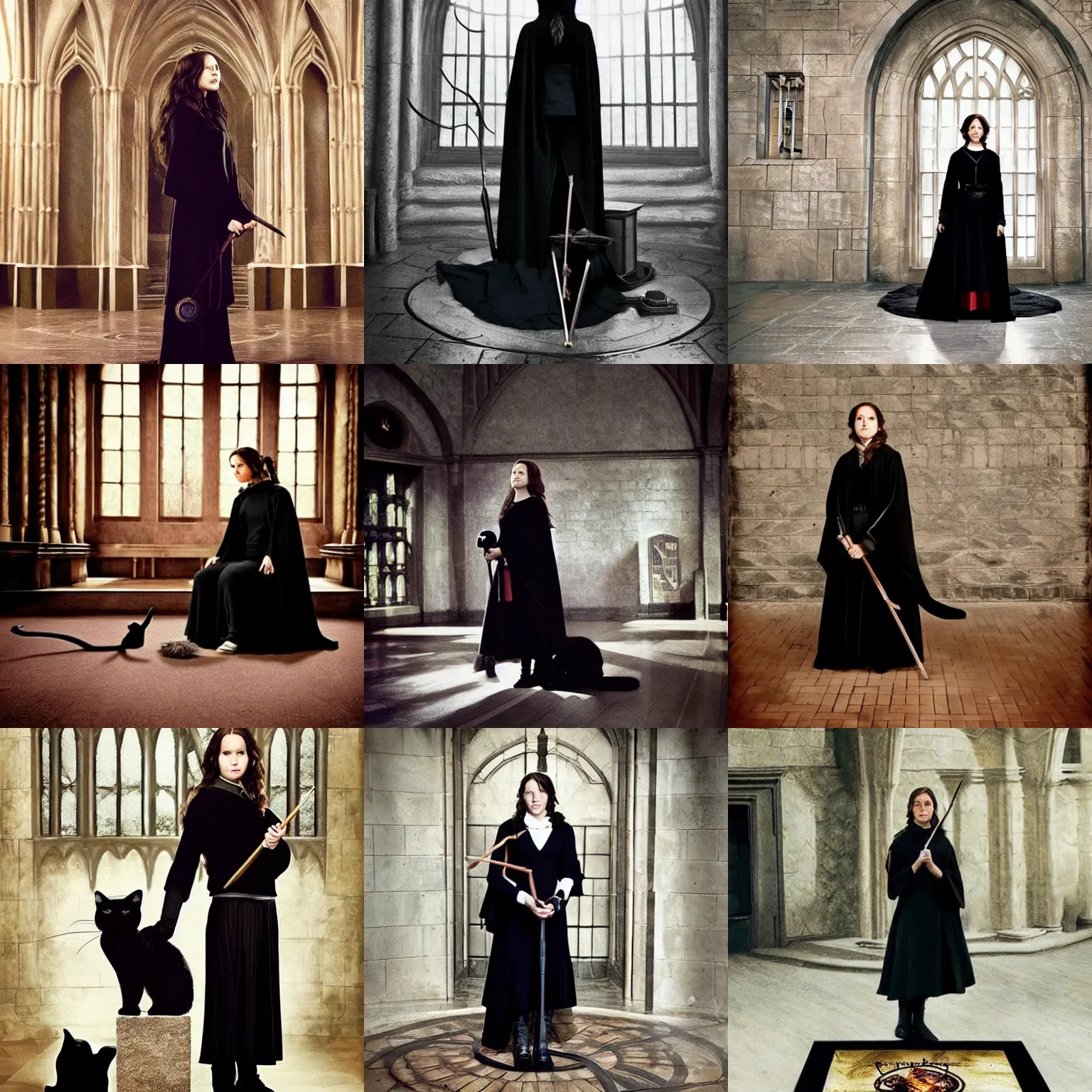 Prompt: ( ( ( ( ( katniss everdeen ) ) ) ) ) as a hermione granger, black wool sweater, cloak, skirt, holding wand, black cat at her feet, hogwarts great hall, photography by annie leibovitz