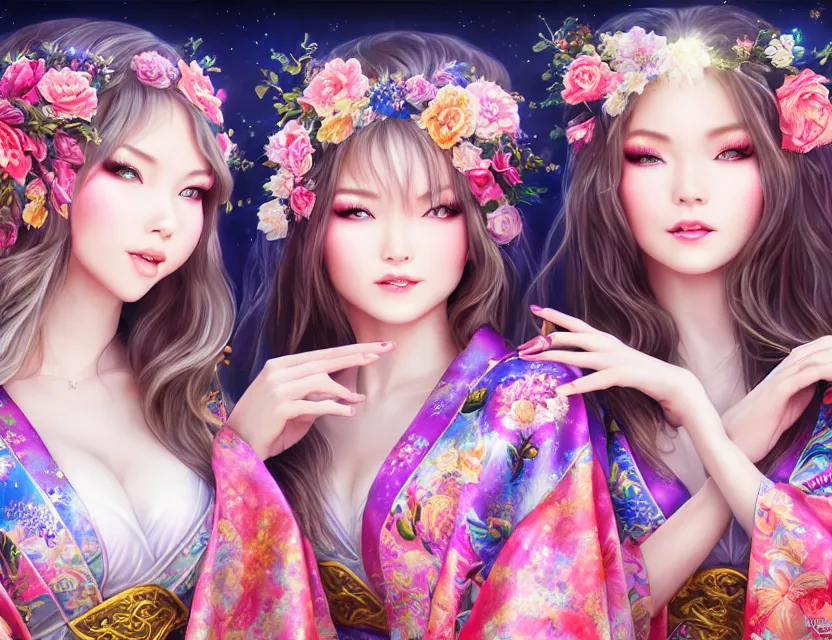 Image similar to two beautiful alluring siberian girls wear fantasy kimono in festival | | sunny night, full moon, dreamlike art, realistic shaded, smile, good looking, hyper details, 4 k realistic, cryengine, realistic shaded lighting poster by artgerm, ross tran, fuji choko, 8 k resolution, trending on artstation, luxury