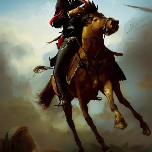 Image similar to napoleon on his horse while holding his gun and shooting by greg rutkowski