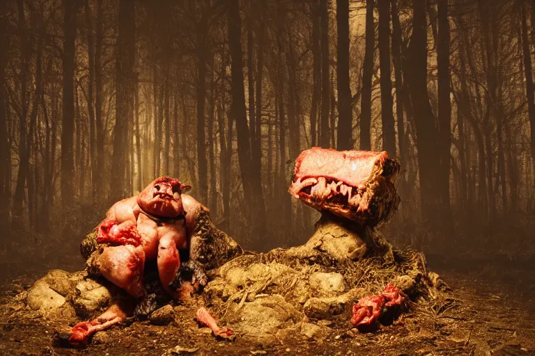 Image similar to big fat butcher with a scary face chops a piece of meat on the stump in a dark forest, night scene, old photo, scary, creepy, terrible atmosphere