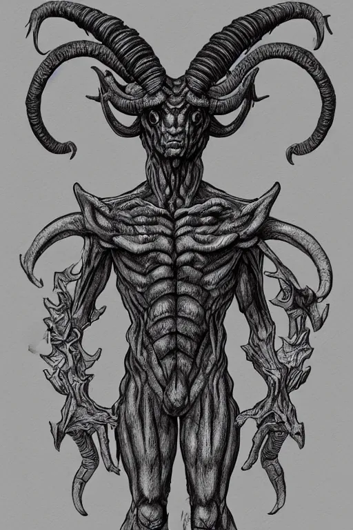 Image similar to humanoid figure monster with goat horns, highly detailed, digital art, sharp focus, trending on art station, kentaro miura manga art style