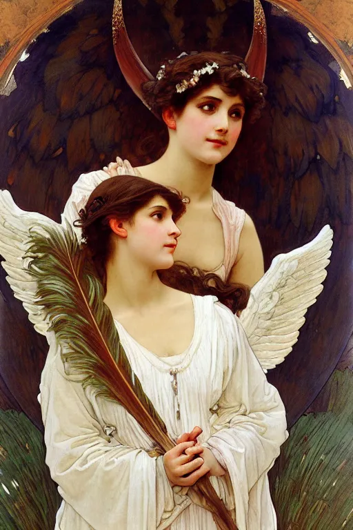 Prompt: painting of a beautifully dressed angel with huge feather wings, intricate, elegant, hyperdetailed by alphonse mucha and william - adolphe bouguereau and john william waterhouse