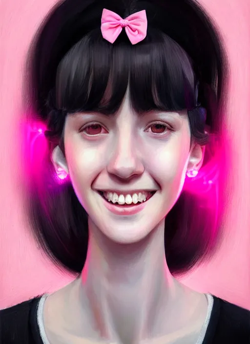 Image similar to portrait of high school girl, realistic, black hair, bangs, half updo hairstyle, pointy nose, skinny, smile, ugly, defined jawline, big chin, pink hair bow, earrings, intricate, elegant, glowing lights, highly detailed, digital painting, artstation, sharp focus, illustration, art by wlop, mars ravelo and greg rutkowski