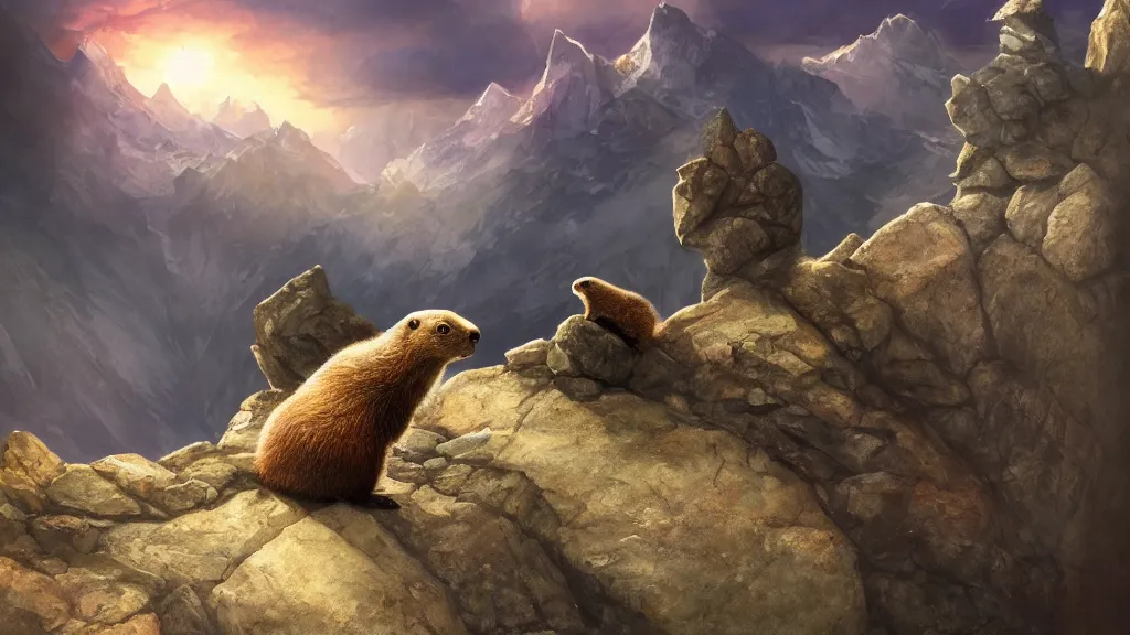 Image similar to A marmot protecting a stone on top of the Rocky Mountains, dreamscape, dramatic lighting, fantasy art illustration, trending on artstation, Aetherpunk