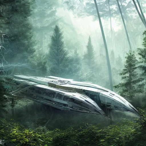 Image similar to a giant space ship crashed in an overgrown forest viewed from the sky by Marek Okon, god rays, fantasy art, 4k, HDR, photorealistic, 8k, trending on artstation