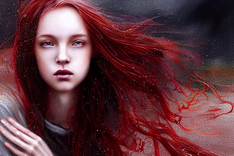 Image similar to highly detailed portrait of a beautiful girl running in rain with wet red hair and pale face, swirling smokey tendrils, bright scattered particles, fantasy, intricate, elegant, dramatic lighting, emotionally evoking symbolic metaphor, highly detailed, lifelike, photorealistic, digital painting, artstation, concept art, smooth, sharp focus, illustration, art by John Collier and Albert Aublet and Krenz Cushart and Artem Demura and Alphonse Mucha