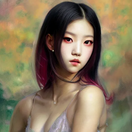 Image similar to a painting of jisoo of blackpink in the style of donato giancola, and in the style of charlie bowater, and in the style of jules ferdinand jacquemart, symmetry, smooth, sharp focus, semi - realism, photo realistic, dynamic lighting, artstation, poster, volumetric lighting, very detailed face, intricate complexity, 8 k, award winning