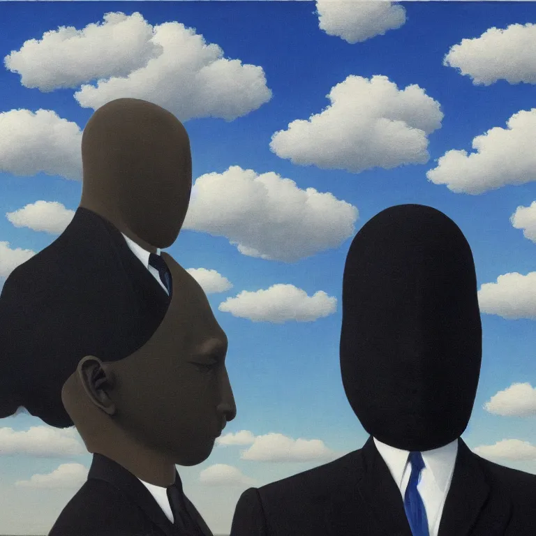 Image similar to portrait of a faceless black - head man in a suit, clouds in the background, by rene magritte, detailed painting, distance, centered, hd, hq, high resolution, high detail, 4 k, 8 k