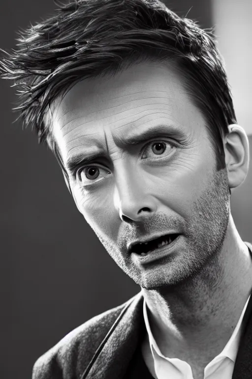 Image similar to photo of David Tennant as the 10th Doctor in the style of Peter Lindbergh,