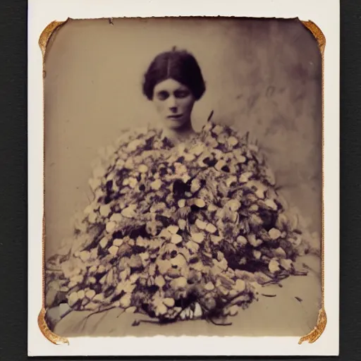 Image similar to portrait of a beautiful woman corpse covered in flowers, 1910 polaroid photography,