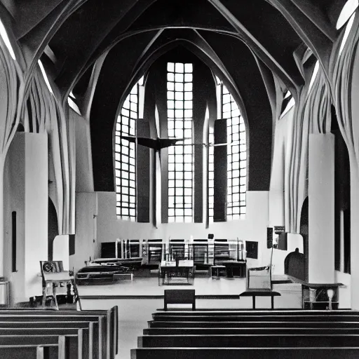 Prompt: the interior of a church designed by eero saarinen and wassily kandinsky — height 3 8 4