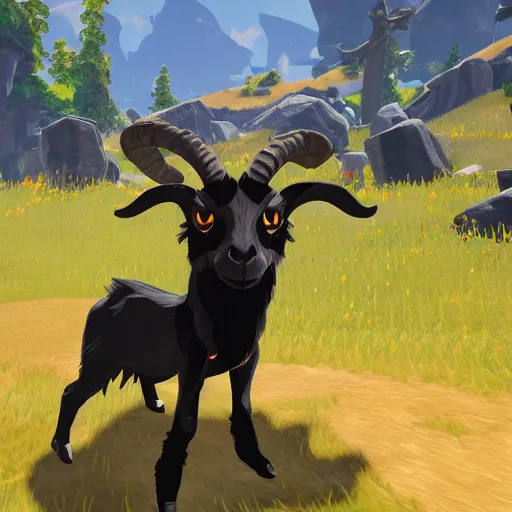 Image similar to an anthropomorphic black goat in breath of the wild, screenshot