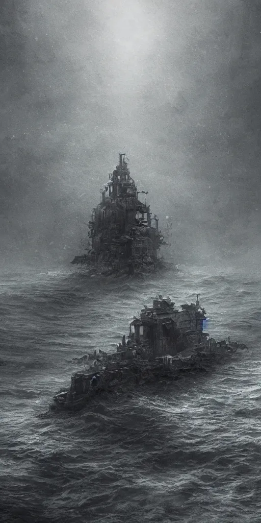 Image similar to an old ship on the bottom of the ocean that sunk long ago. mysterious, intimidating, haunted. horror movie screencap. epic. trending on artstation