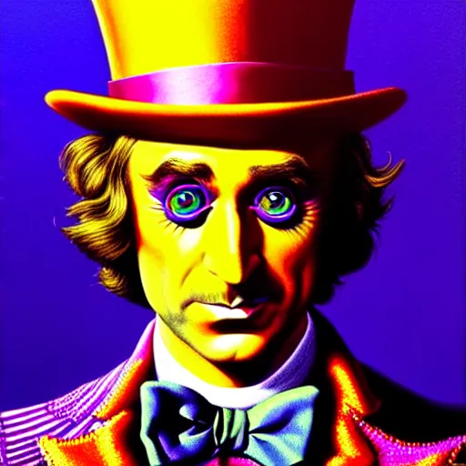 Image similar to an extremely psychedelic portrait of willy wonka, surreal, lsd, face, detailed, intricate, elegant, lithe, highly detailed, digital painting, artstation, concept art, smooth, sharp focus, illustration, art by jason edmiston