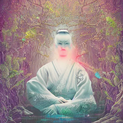 Prompt: magical samurai floating meditating in enchanted forest, digital art, surreal, beautiful, detailed, highly detailed, intricate, powerful warrior, glowing, prismatic, pearlescent